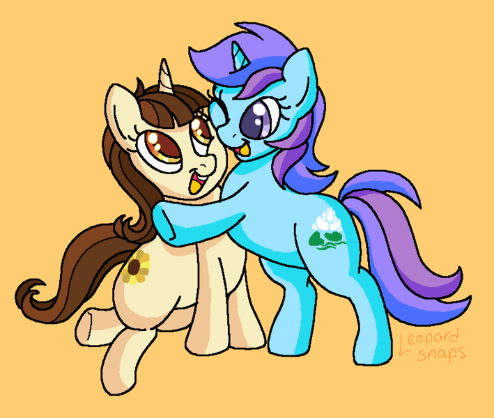 Size: 800x677 | Tagged: safe, artist:leopardsnaps, derpibooru import, dawnlighter, orchid dew, pony, unicorn, background pony, bipedal, bipedal leaning, crack shipping, duo, female, friendship student, g4, horn, hug, image, leaning, lesbian, looking at each other, looking at someone, mare, ms paint, orange background, png, shipping, simple background, sitting, smiling, smiling at each other