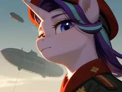 Size: 1920x1440 | Tagged: safe, ai content, derpibooru import, editor:derp621, generator:tponynai3, machine learning generated, prompter:derp621, starlight glimmer, unicorn, clothes, g4, horn, image, jpeg, kirov airship, looking at you, prompt in description, red alert 2, solo, uniform