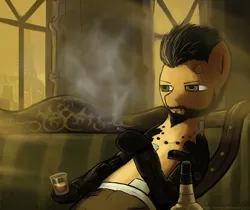 Size: 2298x1934 | Tagged: safe, artist:makc-hunter, derpibooru import, ponified, cyborg, pony, adam jensen, alcohol, amputee, beard, clothes, couch, crossover, cybernetic legs, deus ex, deus ex: human revolution, drink, facial hair, glass, hoof hold, i never asked for this, image, jpeg, mechanical hands, prosthetic eye, prosthetics, sitting, smoke, smoking, solo, video game, window