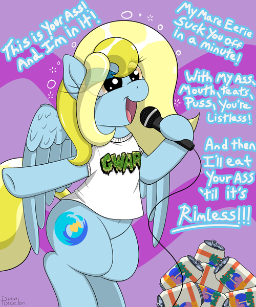 Size: 2000x2400 | Tagged: suggestive, artist:porcelon, derpibooru import, oc, oc:porcelain wave, unofficial characters only, pegasus, pony, alcohol, beer, bipedal, clothes, dancing, dialogue, drink, drunk, female, gwar, image, implied analingus, implied blowjob, implied oral, implied sex, karaoke, lidded eyes, lyrics, mare, microphone, pegasus oc, png, shirt, simple background, singing, solo, solo female, text, vulgar, wings