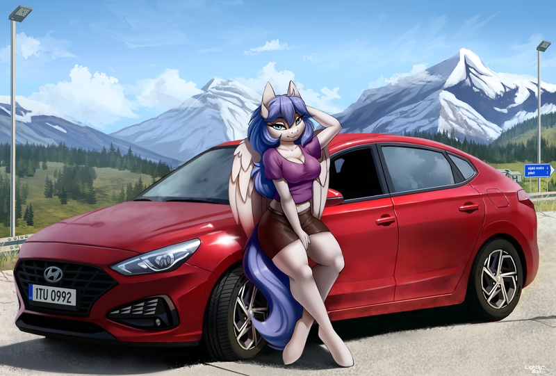 Size: 3500x2365 | Tagged: safe, artist:lightly-san, derpibooru import, oc, oc:graceful motion, unofficial characters only, anthro, pegasus, unguligrade anthro, breasts, car, cleavage, clothes, hyundai, hyundai i30, image, jpeg, leaning back, looking at you, mountain, pegasus oc, scenery, short shirt, smiling, solo, wings