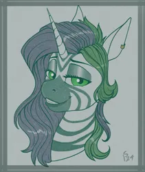 Size: 800x950 | Tagged: safe, artist:stray prey, derpibooru import, oc, oc:forest glade, unofficial characters only, hybrid, pony, zebra, zebracorn, zony, bust, ear piercing, earring, female, gray background, horn, hybrid oc, image, jewelry, mare, piercing, png, simple background, solo