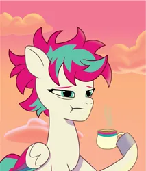 Size: 1531x1801 | Tagged: safe, artist:prixy05, derpibooru import, zipp storm, pegasus, pony, g5, my little pony: tell your tale, coffee, coffee cup, cup, female, image, mare, messy mane, morning ponies, png, solo, sunrise, tired