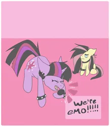 Size: 2601x2998 | Tagged: safe, artist:tkshoelace, derpibooru import, fluttershy, twilight sparkle, pegasus, pony, unicorn, bracelet, collar, duo, duo female, ear piercing, emo, female, floppy ears, g4, horn, image, meme, microphone, piercing, png, screaming, spiked wristband, text, unicorn twilight, we're emo, wristband