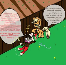 Size: 1791x1769 | Tagged: safe, artist:atomgatherer, derpibooru import, applejack, oc, oc:atom gatherer, earth pony, pony, applejack's hat, big no, brown hoodie, chronically online, clothes, comic, cowboy hat, cutie mark, dandelion, derpibooru exclusive, exclamation point, farm, fence, field, freckles, funposting, grass, hat, image, irrigation, no, no tail, op finally touched grass, pants, pathetic, png, red pants, reeee, single panel, tallulah, tallulah (hat), tattoo, text, weeds