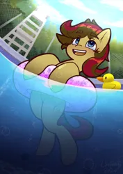 Size: 744x1052 | Tagged: safe, artist:chiefywiffy, derpibooru import, oc, unofficial characters only, pony, floaty, image, inner tube, male, png, pool toy, rubber duck, stallion, stallion oc, swimming pool, underwater, water