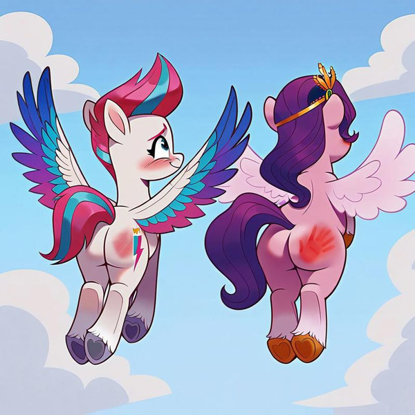 Size: 800x800 | Tagged: suggestive, ai content, derpibooru import, machine learning generated, prompter:shazamjr, stable diffusion, pipp petals, zipp storm, pegasus, pony, g5, blushing, butt, cloud, cloudy, duo, duo female, embarrassed grin, featureless crotch, female, flying, generator:pony diffusion v6 xl, image, incest, lesbian, looking ahead, mare, pipp butt, plot, plot pair, png, rear view, reddened butt, royal sisters (g5), ship:petalstorm, shipping, siblings, sisters, sky, spank mark, spanked, spread wings, unshorn fetlocks, wings, zippbutt