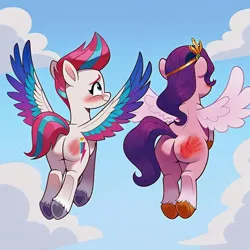Size: 800x800 | Tagged: suggestive, ai content, derpibooru import, machine learning generated, prompter:shazamjr, stable diffusion, pipp petals, zipp storm, pegasus, pony, g5, blushing, butt, cloud, cloudy, duo, duo female, embarrassed grin, featureless crotch, female, flying, generator:pony diffusion v6 xl, image, incest, lesbian, looking ahead, mare, pipp butt, plot, plot pair, png, rear view, reddened butt, royal sisters (g5), ship:petalstorm, shipping, siblings, sisters, sky, spank mark, spanked, spread wings, unshorn fetlocks, wings, zippbutt