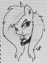 Size: 2045x2719 | Tagged: safe, artist:whiskeypanda, derpibooru import, fluttershy, pegasus, pony, /mlp/, 4chan, clothes, ear piercing, eyeshadow, female, fluttergoth, g4, image, ink drawing, jewelry, jpeg, lined paper, looking at you, makeup, mare, monochrome, necktie, piercing, shirtless shirt collar, smiling, smiling at you, solo, traditional art