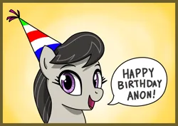 Size: 2668x1884 | Tagged: safe, derpibooru import, octavia melody, earth pony, pony, birthday, cute, drawthread, female, g4, happy birthday, hat, image, implied anon, looking at you, mare, party hat, png, raised eyebrows, solo, talking to viewer