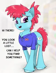 Size: 1350x1756 | Tagged: safe, artist:chopsticks, derpibooru import, oc, oc:ellen, unofficial characters only, earth pony, pony, adorkable twilight and friends fanart, cashier, cheek fluff, chest fluff, clothes, cute, dialogue, ear fluff, ear piercing, earring, female, freckles, g4, image, jewelry, looking at you, mare, name tag, open mouth, piercing, png, ponytail, shirt, solo, unshorn fetlocks