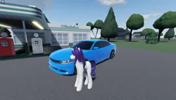 Size: 1858x1057 | Tagged: safe, derpibooru import, rarity, pony, unicorn, car, dodge charger, female, g4, game screencap, gas station, horn, house, image, png, roblox, solo, tree, twisted (game), vehicle