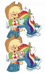 Size: 1095x1755 | Tagged: safe, artist:appledash3r_, derpibooru import, applejack, rainbow dash, equestria girls, 2 panel comic, appledash, applejack's hat, belt, blonde hair, blue skin, blushing, blushing profusely, clothes, colored, colored sketch, comic, cowboy hat, crossed arms, denim, denim skirt, duo, duo female, eyelashes, female, flat colors, flirting, flustered, freckles, frown, g4, hand on wall, hat, image, jacket, jpeg, lesbian, lidded eyes, looking at each other, looking at someone, multicolored hair, narrowed eyes, no catchlights, open mouth, orange skin, rainbow hair, shipping, shirt, shrunken pupils, simple background, sketch, skirt, smiling, smiling at each other, sparkles, sweat, sweatdrop, sweating profusely, t-shirt, tied hair, track jacket, white background, wide eyes, wristband, you tried