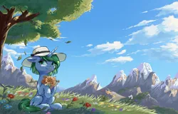 Size: 4341x2783 | Tagged: safe, artist:qwq2233, derpibooru import, oc, oc:onia, unofficial characters only, pony, unicorn, bouquet, cheek fluff, ear fluff, female, flower, fluffy, hat, horn, image, leaf, lineless background, looking at you, mare, mountain, painterly, png, scenery, sitting, sun hat, sunflower, tree