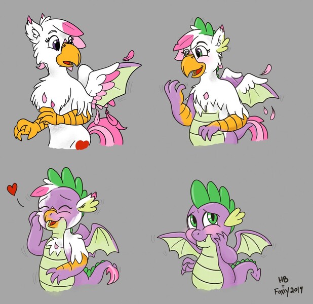 Size: 1280x1243 | Tagged: safe, artist:foxxy-arts, artist:hornbuckle, derpibooru import, spike, oc, oc:foxxy hooves, dragon, hippogriff, age regression, blushing, character to character, eye color change, eyes closed, feather, female to male, floating heart, g4, gray background, heart, hippogriff oc, hippogriff to dragon, image, jpeg, open mouth, open smile, rule 63, simple background, smiling, solo, transformation, transformation sequence, transgender transformation, winged spike, wings, younger