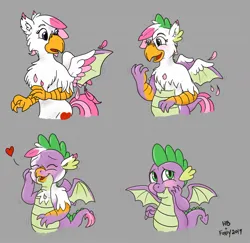 Size: 1280x1243 | Tagged: safe, artist:foxxy-arts, artist:hornbuckle, derpibooru import, spike, oc, oc:foxxy hooves, dragon, hippogriff, age regression, blushing, character to character, eye color change, eyes closed, feather, female to male, floating heart, g4, gray background, heart, hippogriff oc, hippogriff to dragon, image, jpeg, open mouth, open smile, rule 63, simple background, smiling, solo, transformation, transformation sequence, transgender transformation, winged spike, wings, younger