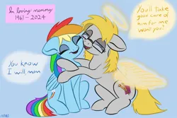 Size: 2048x1365 | Tagged: safe, artist:maonyman, derpibooru import, rainbow dash, oc, ponified, earth pony, pegasus, pony, angel, angelic wings, blue background, cute, derpibooru exclusive, dialogue, duo, epitaph, eyes closed, eyeshadow, female, floppy ears, folded wings, g4, glasses, glow, glowing wings, halo, happy, hug, image, implied death, jpeg, makeup, mom, mother, open mouth, sad, sadorable, simple background, sitting, smiling, speech bubble, spread wings, wings