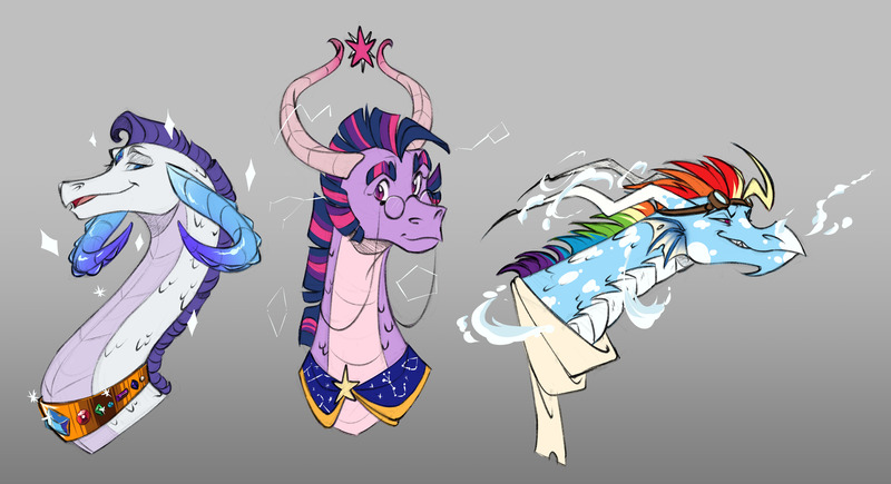 Size: 6409x3488 | Tagged: safe, artist:chub-wub, derpibooru import, rainbow dash, rarity, twilight sparkle, dragon, absurd resolution, bust, clothes, dragoness, dragonified, element of magic, female, glasses, goggles, goggles on head, gradient background, grin, horns, image, jpeg, lightning, rainbow dragon, raridragon, round glasses, scales, scarf, smiling, sparkles, species swap, trio, trio female, twilidragon