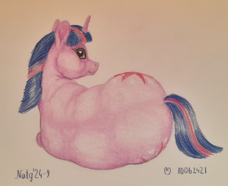 Size: 2726x2215 | Tagged: safe, artist:soobel, derpibooru import, twilight sparkle, unicorn, atg 2024, fat, image, jpeg, newbie artist training grounds, obese, traditional art, twilard sparkle, unicorn twilight