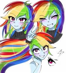 Size: 1621x1794 | Tagged: safe, artist:pulse, derpibooru import, rainbow dash, human, equestria girls, blushing, bust, clothes, cute, dashabetes, doodle, eye clipping through hair, eyes closed, female, flowing hair, g4, grin, image, jpeg, looking at you, multeity, peace sign, simple background, smiling, sweater, turtleneck, white background