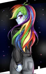 Size: 1269x2048 | Tagged: safe, artist:pulse, derpibooru import, rainbow dash, human, equestria girls, abstract background, butt, clothes, denim, ear piercing, female, g4, image, jeans, jpeg, looking at you, looking back, looking back at you, pants, piercing, rainbutt dash, rear view, smiling, solo, sweater, turtleneck