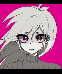 Size: 1653x1978 | Tagged: safe, artist:pulse, derpibooru import, rainbow dash, human, equestria girls, clothes, ear piercing, female, g4, image, jpeg, letterboxing, looking at you, partial color, piercing, pink background, simple background, solo, sweater, turtleneck