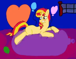 Size: 2174x1700 | Tagged: suggestive, derpibooru import, sunset shimmer, unicorn, balloon, balloon fetish, balloon riding, fetish, heart, heart balloon, horn, image, lying on balloon, png, traditional art