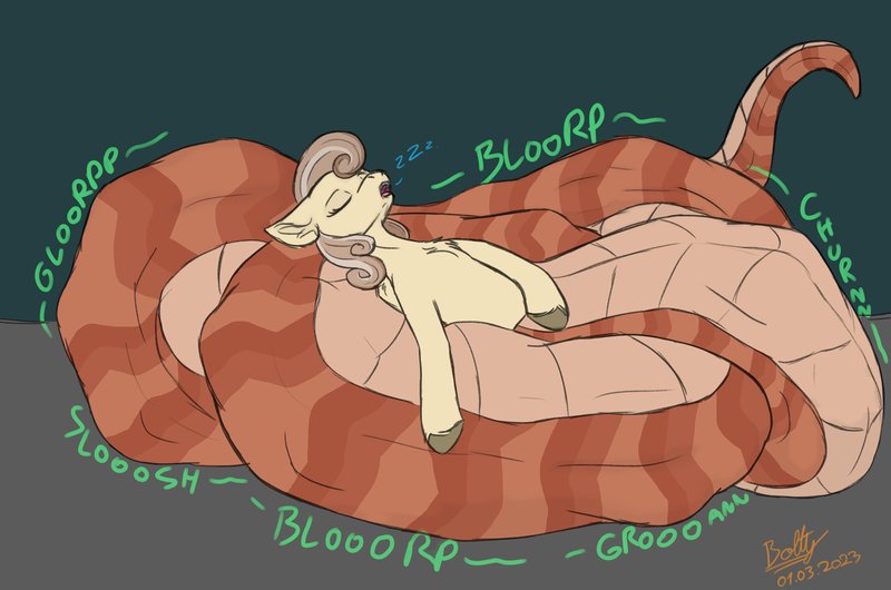 Size: 7662x5080 | Tagged: suggestive, artist:lightning bolty, artist:polofastter, derpibooru import, oc, oc:dandelion "buttercup", unofficial characters only, lamia, original species, pony, snake, snake pony, big tail, chest fluff, coils, digestion, female, female pred, females only, huge tail, image, mare, mass vore, multiple prey, onomatopoeia, png, signature, sleeping, snoring, solo, solo female, stomach noise, stuffed, tail, unknown prey, unshorn fetlocks, vore