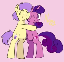 Size: 2656x2540 | Tagged: safe, artist:naggfruit, derpibooru import, berry sweet, bipedal, crack shipping, duo, duo female, female, friendship student, hug, image, laced hearts, lacedberry, lesbian, png, shipping, simple background