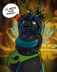 Size: 997x1266 | Tagged: safe, artist:erichkaofficial, derpibooru import, queen chrysalis, anthro, changeling, changeling queen, belly button, breasts, busty queen chrysalis, cross-popping veins, emanata, female, image, plump, png, solo, wide hips