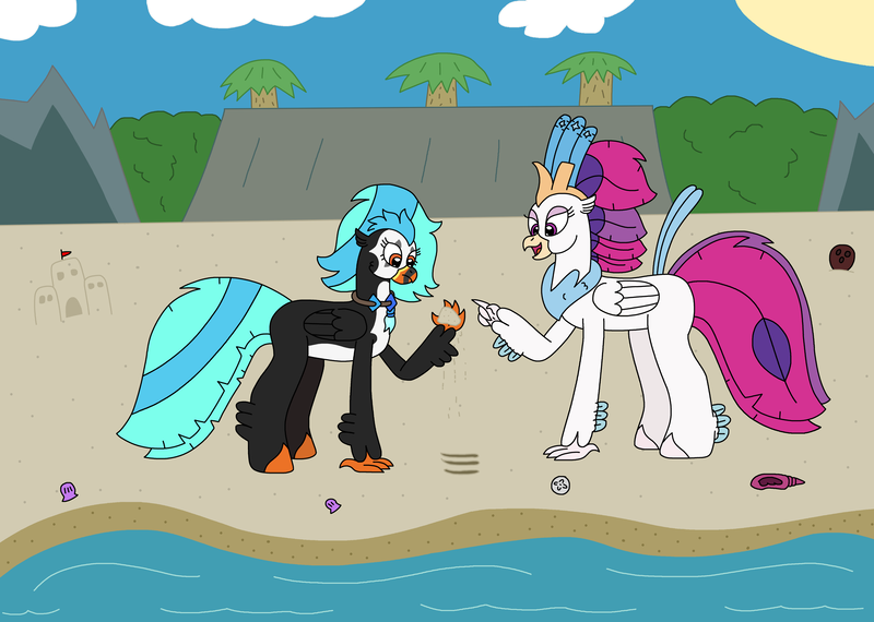 Size: 3120x2222 | Tagged: safe, artist:supahdonarudo, derpibooru import, queen novo, oc, oc:icebeak, classical hippogriff, hippogriff, my little pony: the movie, atg 2024, beach, cloud, coconut, food, holding, image, jewelry, necklace, newbie artist training grounds, ocean, palm tree, png, rock, sand, sandcastle, shell, sun, tree, water