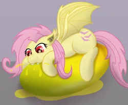 Size: 3400x2774 | Tagged: safe, artist:sweetielover, derpibooru import, fluttershy, bat pony, pony, atg 2024, bat ponified, biting, female, flutterbat, food, g4, giant food, high res, image, juice, mango, newbie artist training grounds, png, race swap, simple background, solo, spread wings, wings