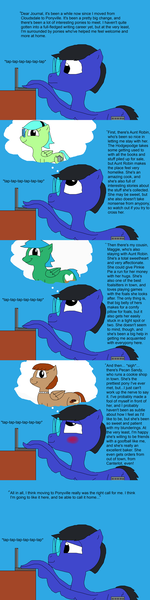 Size: 1001x4000 | Tagged: safe, artist:blazewing, derpibooru import, oc, oc:aunt robin, oc:blazewing, oc:maggie, oc:pecan sandy, unofficial characters only, pegasus, pony, atg 2024, aunt, blushing, colored background, comic, computer, cousin, drawpile, female, friends, glasses, hug, image, jewelry, laptop computer, male, mare, necklace, newbie artist training grounds, pearl necklace, png, smiling, stallion, table, text, thought bubble, wing hands, wings, writer