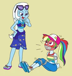 Size: 2199x2330 | Tagged: safe, alternate version, artist:bugssonicx, derpibooru import, rainbow dash, trixie, human, equestria girls, blushing, bondage, bound and gagged, duo, emanata, g4, gag, image, png, red face, tape, tape gag, tied up