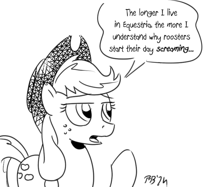 Size: 751x675 | Tagged: safe, artist:pony-berserker, artist:pony-berserker edits, derpibooru import, edit, editor:modus_ponens, applejack, black and white, complaining, cynicism, fed up, grayscale, image, internal screaming, irritated, monochrome, png, reaction image, simple background, sketch, solo, suffering, tired, unamused, white background