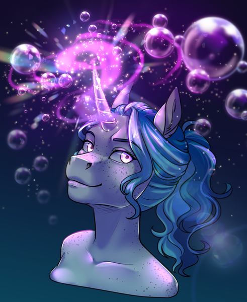 Size: 1804x2204 | Tagged: safe, artist:askbubblelee, derpibooru import, oc, oc:bubble lee, unofficial characters only, anthro, pony, unicorn, alternate universe, anthro oc, bubble, digital art, female, freckles, glow, glowing horn, horn, image, magic, mare, png, smiling, solo, unicorn oc, willowverse