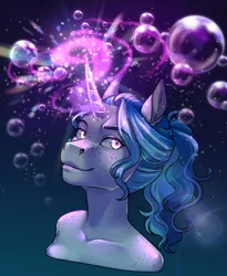 Size: 1804x2204 | Tagged: safe, artist:askbubblelee, derpibooru import, oc, oc:bubble lee, unofficial characters only, anthro, pony, unicorn, alternate universe, anthro oc, bubble, digital art, female, freckles, glow, glowing horn, horn, image, magic, mare, png, smiling, solo, unicorn oc, willowverse