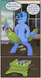 Size: 1832x3508 | Tagged: suggestive, derpibooru import, oc, oc:seeking dusk, unofficial characters only, pegasus, pony, unicorn, animate object, comic, embarrassed, horn, image, magic, male, malesub, png, speech bubble, submissive, telekinesis, towel flossing, transformation