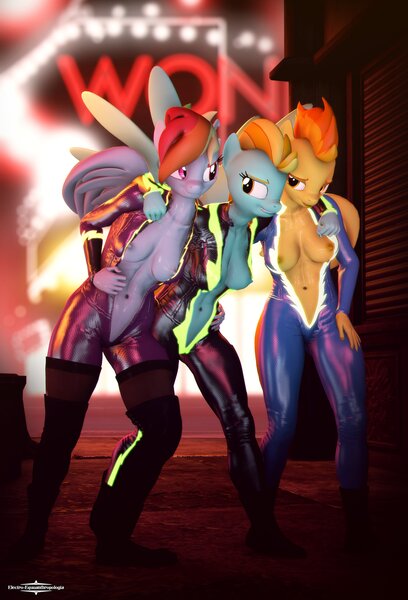 Size: 2160x3176 | Tagged: questionable, artist:electroequusfm, derpibooru import, lightning dust, rainbow dash, spitfire, anthro, 3d, abs, bodysuit, breasts, clothes, costume, female, image, jpeg, nipples, nudity, open clothes, partial nudity, shadowbolts costume, source filmmaker, trio, trio female, uniform, washouts uniform, wonderbolts uniform