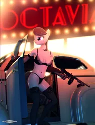 Size: 1908x2526 | Tagged: suggestive, artist:electroequusfm, derpibooru import, anthro, 3d, bra, car, clothes, evening gloves, female, gloves, gun, image, jpeg, lingerie, long gloves, panties, socks, solo, solo female, source filmmaker, stockings, thigh highs, tommy gun, underwear, weapon