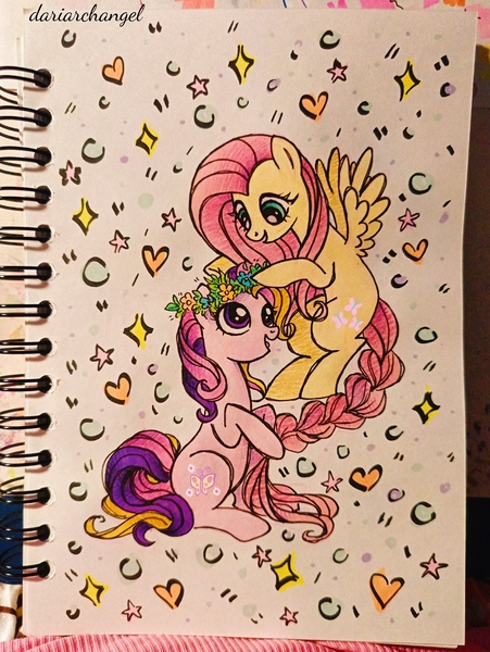 Size: 2252x2996 | Tagged: safe, artist:dariarchangel, derpibooru import, fluttershy, fluttershy (g3), earth pony, pegasus, pony, g3, braid, braided tail, duo, female, floral head wreath, flower, flying, g3 to g4, g4, generation leap, generational ponidox, image, jpeg, looking at each other, looking at someone, photo, sitting, smiling, smiling at each other, spread wings, tail, traditional art, wings