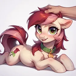 Size: 1024x1024 | Tagged: safe, ai content, derpibooru import, machine learning generated, prompter:doom9454, stable diffusion, roseluck, human, pony, behaving like a cat, collar, cute, fluffy, generator:pony diffusion v6 xl, hand, image, looking at you, lying down, offscreen character, offscreen human, pet tag, petting, png, pony pet, rosepet
