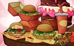 Size: 792x492 | Tagged: safe, artist:koidial, derpibooru import, abstract background, bite mark, burger, cake, chocolate cake, cup, detailed, drink, food, french fries, hay burger, hay fries, heart, heart background, image, jpeg, no pony, requested art, soda, wooden table, zoomed in