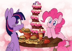 Size: 390x278 | Tagged: safe, alternate version, artist:koidial, derpibooru import, screencap, pinkie pie, twilight sparkle, twilight sparkle (alicorn), alicorn, earth pony, pony, abstract background, animated, animation error, bangs, bite mark, blue eyes, blue pupils, blushing, burger, cake, cake toppers, chewing, chocolate cake, colored, colored pinnae, colored pupils, cup, curly mane, curly tail, cute, diapinkes, drink, duo, duo female, eating, eye clipping through hair, eyelashes, face licking, female, floating heart, floppy ears, folded wings, food, frame by frame, french fries, g4, gif, glow, glowing horn, hay burger, hay fries, head shake, heart, heart background, heart eyes, horn, image, in love, ketchup, lesbian, licking, looking at each other, looking at someone, loop, low quality, magic, mare, messy eating, messy face, multicolored mane, mustard, open mouth, open smile, partially open wings, pink coat, pink magic, pink mane, pink tail, profile, purple coat, purple eyes, purple pupils, requested art, sauce, shiny eyes, shipping, signature, sitting, smiling, smiling at each other, soda, sparkly eyes, tail, tail wag, tall ears, telekinesis, that pony sure does love burgers, three toned mane, tongue out, tri-color mane, tri-colored mane, tricolor mane, twiabetes, twilight burgkle, twinkie, unicorn horn, wall of tags, wingding eyes, wings, wooden table