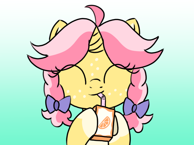 Size: 1760x1317 | Tagged: safe, artist:craftycirclepony, derpibooru import, oc, oc:crafty circles, unofficial characters only, pony, unicorn, ^^, bendy straw, bow, coat markings, colored belly, cute, drinking straw, eyes closed, female, filly, foal, food, freckles, gradient background, hair bow, happy, hoof hold, horn, image, juice, juice box, orange, png, smiling, socks (coat marking), solo, straw, underhoof