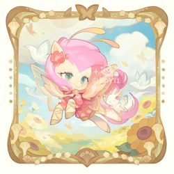 Size: 2273x2273 | Tagged: safe, artist:koyii-kong, derpibooru import, fluttershy, bird, butterfly, dove, insect, pegasus, pony, rabbit, animal, antennae, butterfly wings, choker, clothes, colored pupils, cute, dress, female, flower, flower in hair, flying, g4, high res, image, jpeg, mare, picture frame, shyabetes, simple background, smiling, solo, sunflower, white background, wings, wrong eye color