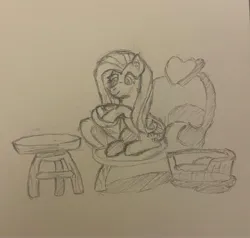 Size: 2775x2639 | Tagged: safe, artist:supersonicrainboom, derpibooru import, fluttershy, pegasus, atg 2024, chair, cup, female, g4, holding, image, jpeg, newbie artist training grounds, sitting, smiling, solo, solo female, teacup