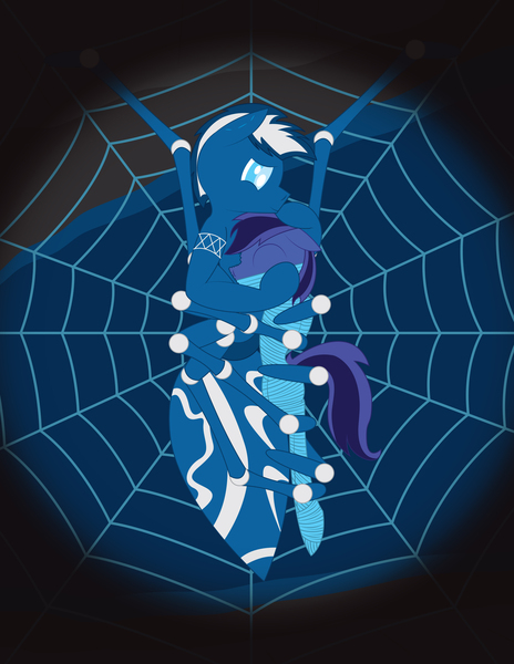 Size: 2550x3300 | Tagged: safe, artist:billy2345, derpibooru import, oc, oc:lapis, oc:sea caster, unofficial characters only, drider, earth pony, original species, pony, blind, bondage, cave, chest fluff, cocoon, comforting, earth pony oc, female, hug, image, jpeg, male, male and female, mare, mummification, smiling, spider web, stallion, story included, water, wrapped up