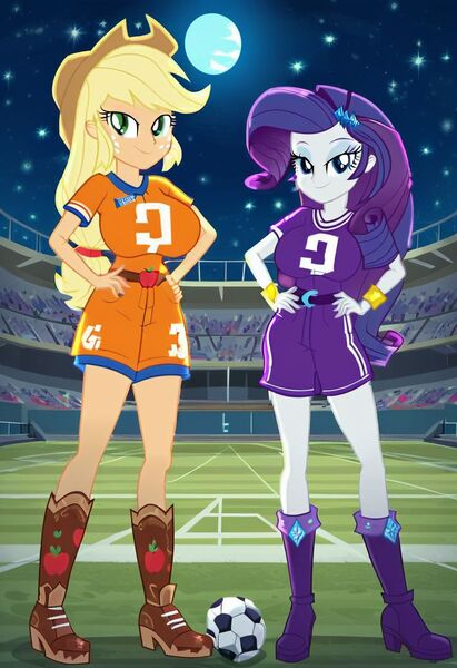 Size: 832x1216 | Tagged: questionable, ai content, machine learning generated, prompter:tiamatnightmare, applejack, rarity, human, equestria girls, female, humanized, image, jpeg, lesbian, moon, night, night sky, rarijack, shipping, sky, soccer ball (object), soccer field, stars