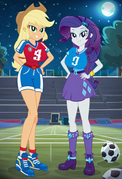 Size: 832x1216 | Tagged: questionable, ai content, machine learning generated, prompter:tiamatnightmare, applejack, rarity, human, equestria girls, female, humanized, image, jpeg, lesbian, moon, night, night sky, rarijack, shipping, sky, soccer ball (object), soccer field, stars